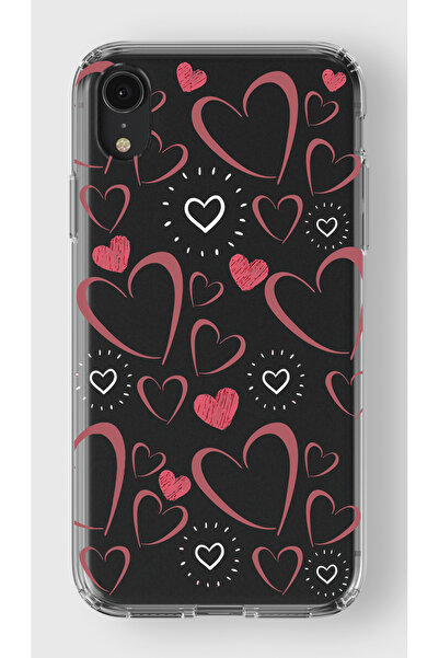 moonset Iphone XR Uyumlu Kalpler Tasarımlı Baskılı Şeffaf Telefon Kılıfı