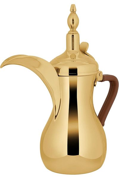 ALSAIF A sword kettle with 6 coffee cups in an elegant traditional design, ideal for preparing and serving Arabic coffee. Gold color.