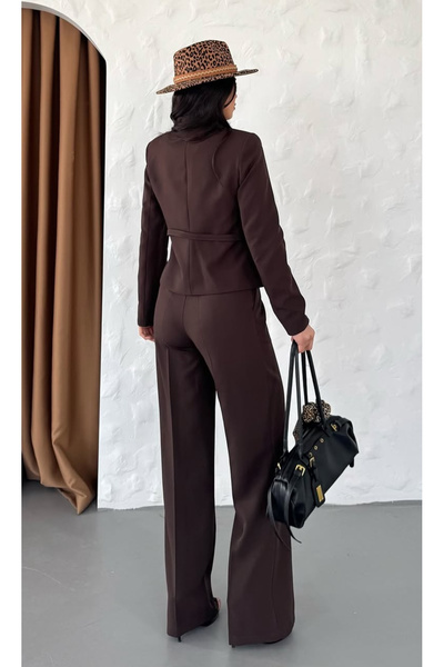pembekurdelem Women's Belt Detail Classic Jacket Trousers Suit Brown