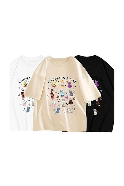 Gofeel White Karma Is Cat Printed Detailed Short Sleeve Oversize Unisex T-Shirt