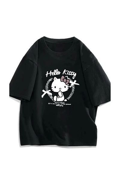 Gofeel Black Kitty Grafitty Printed Detailed Short Sleeve Oversize Unisex T-Shirt