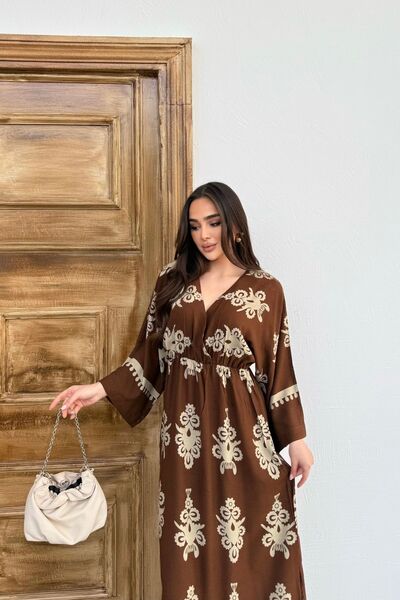 mezqa Φόρεμα με έθνικ σχέδια από βισκόζη, μακρυμάνικο, σε καφέ χρώμα