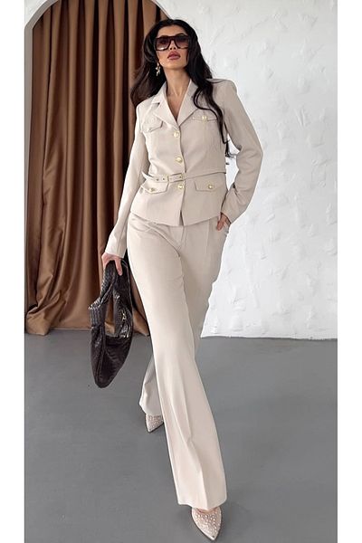 pembekurdelem Women's Belt Detail Classic Jacket Trousers Suit Stone