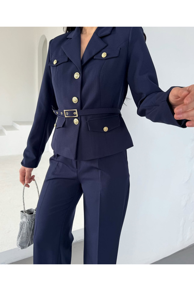 pembekurdelem Women's Belt Detail Classic Jacket Trousers Suit Navy Blue
