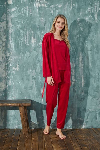 Mihra Women's Pajama Set Soft French Velvet Lace Dressing Gown 3-Piece Set