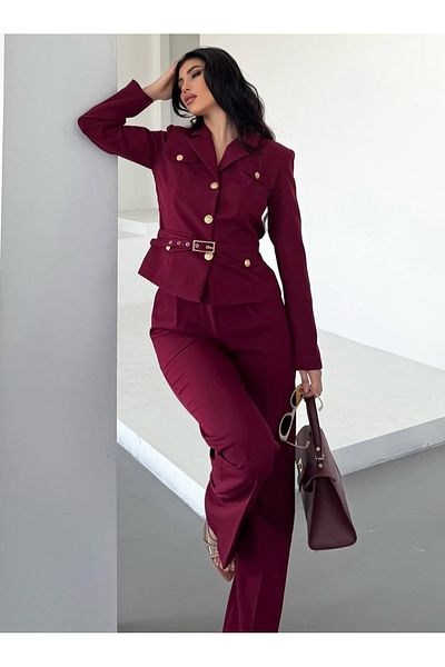 pembekurdelem Women's Belt Detail Classic Jacket Trousers Suit Claret Red