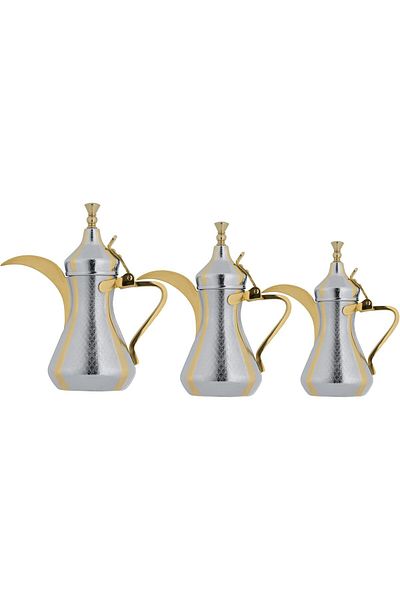 ALSAIF Saif Dallah Set 26/32/48 oz with elegant traditional design, ideal for preparing and serving coffee, gold/silver color