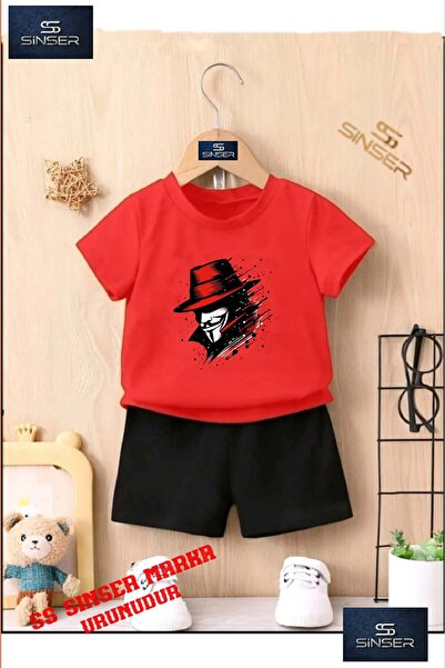 SS SİNSER تي شيرت بياقة كرو برقبة كرو مطبوع خصيصاً للأطفال - طقم شورتات - "VF...