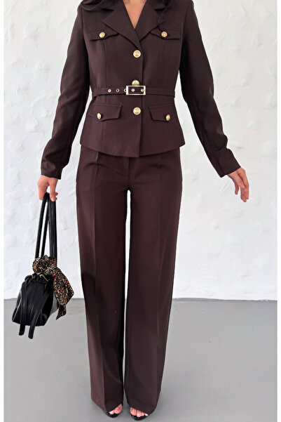 pembekurdelem Women's Belt Detail Classic Jacket Trousers Suit Brown
