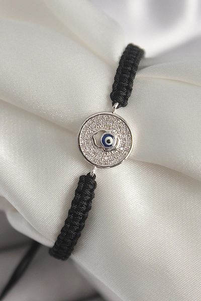 Celira Brass Silver Color Zircon Stone Evil Eye Bead Embroidered Macrame Elevator Model Women's Bracelet