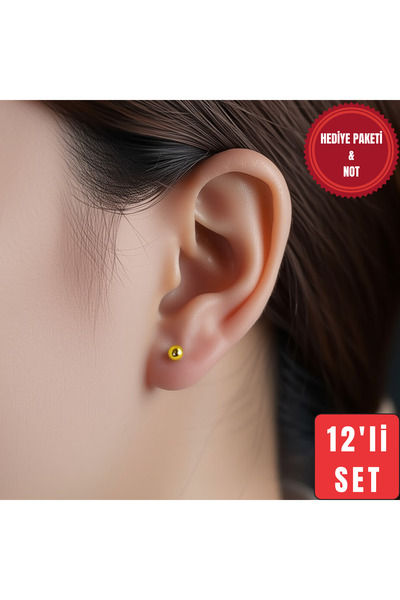 MUUN STORE Gold Renk 12'li (6 ÇİFT) Top Küpe Seti