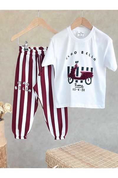 Magu Set de tricou cu imprimeu Ciao Bella din bumbac alb și pantaloni cu dungi bordeaux pentru fete