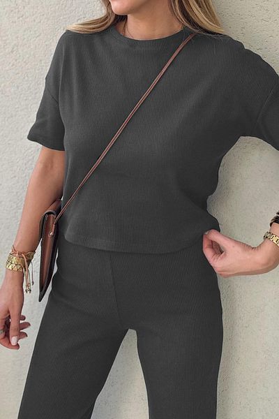 ruNadeS Women's Short Sleeve Crew Neck Textured Ottoman Corded Set