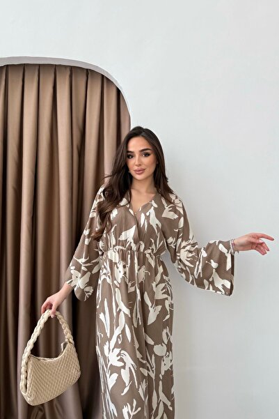 mezqa Γυναικείο φόρεμα σε καφέ και λευκό χρώμα με σχέδιο πουλιών, ελαστική μέ...