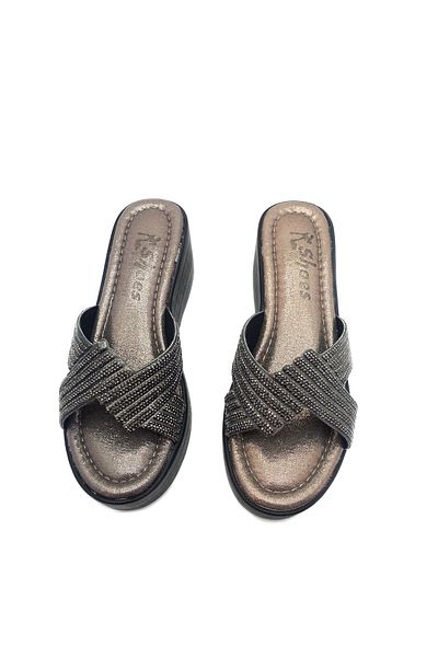GDT Ayakkabı Platinum Color Wedge Heel Stone Detailed Women's Slippers
