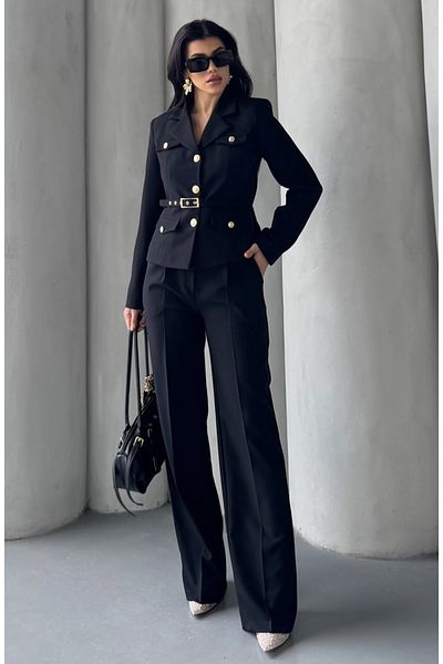 pembekurdelem Women's Belt Detail Classic Jacket Trousers Suit Black