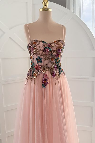 Lenta Moda Powder Colored Embroidered Lace Overlay Transparent Evening Dress and Evening Dress
