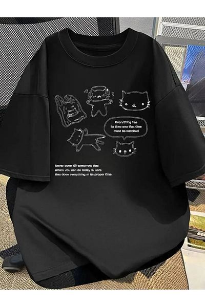 Gofeel Black Retro Cartoon Printed Detailed Short Sleeve Oversize Unisex T-Shirt
