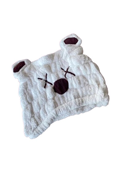 CAŞ DEKORASYON White and Burgundy Hair Towel with Teddy Bear Figure - Elastic Bonnet