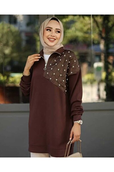 Yağmur Yakası Fermuarlı Taş Detaylı Kadın Tunik