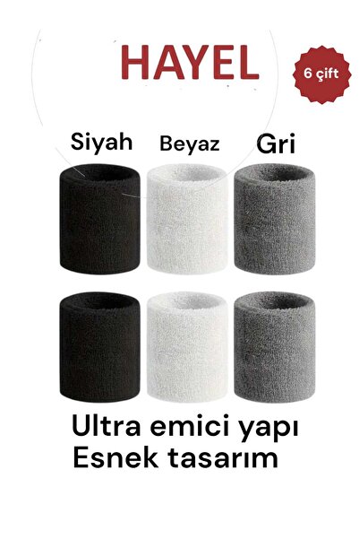 HAYEL 6 Çift Siyah Beyaz Gri Unisex Havlu Bileklik Fitnıss Ter Bandı Sporcu Bilekliği Pamuklu