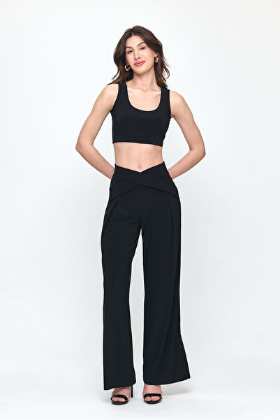 Laranor Black Waist Detail Design Wide Leg Trousers Day - Night Chic 25L8006