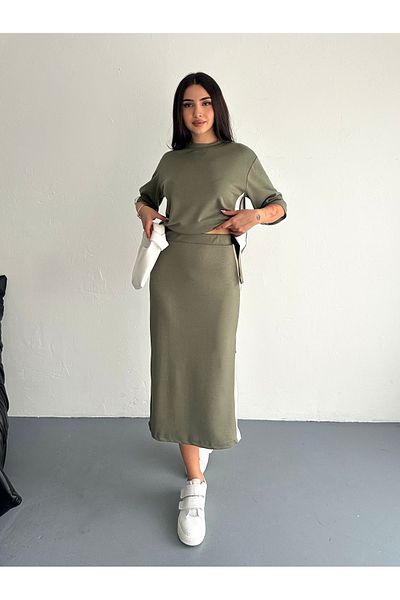 02Lady Fashion Slitted Garnish Soft Texture Modal Fabric Skirt Suit