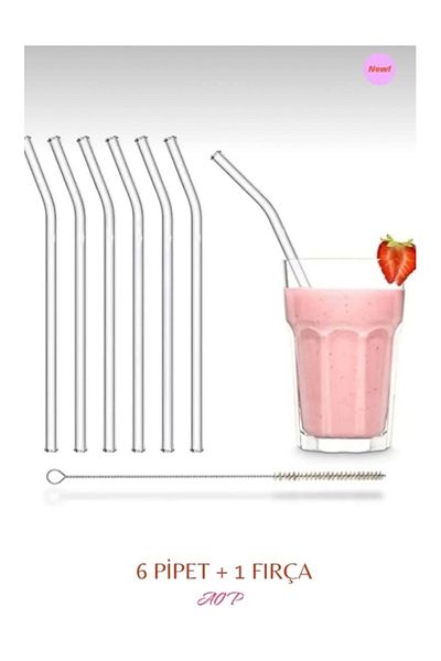ÖZGÜNEŞ 1 Transparent 6-Piece Glass Straw and Clear Brush