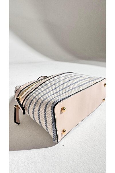 Eataly Shoes حقيبة مارنا مخططة باللونين الأزرق والبيج - مع تفاصيل حزام