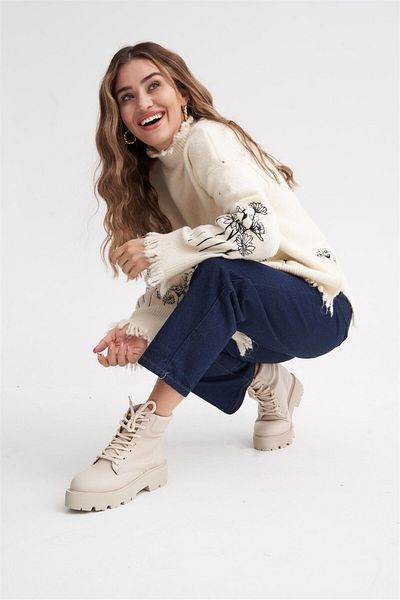 Eataly Shoes 210 Bej Bej Cizme de damă cu talpă zimțată cu fermoar