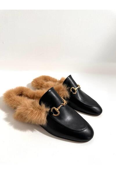 Eataly Shoes 046-805 Women's Black Fur Inside Slippers