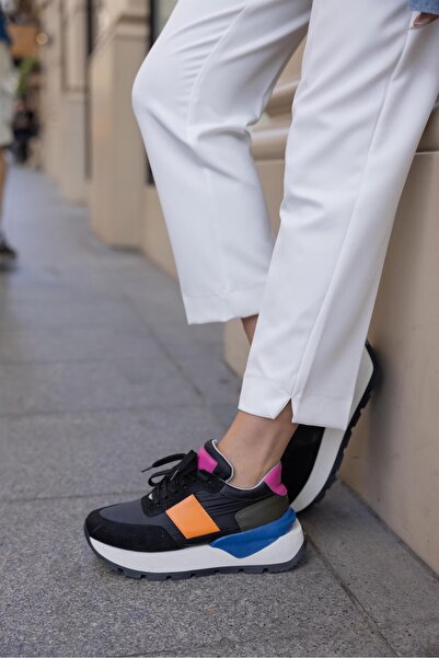 Eataly Shoes 592 Siyah Turuncu Kalın Taban Kadın Spor