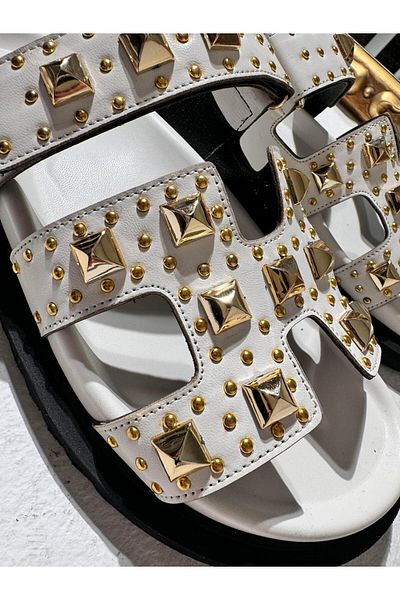 Eataly Shoes Λευκές παντόφλες Henry Gold Buckle Troc
