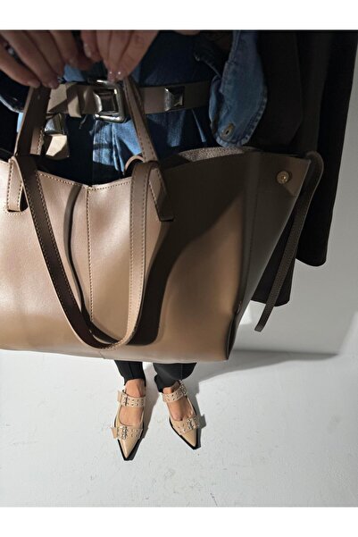 Eataly Shoes حقيبة جيب كبيرة الحجم باللون البني الحليبي مع تفاصيل