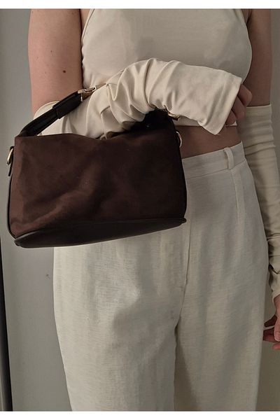 İzel Çakran Bitter Brown Suede Women's Handbag & Shoulder Bag with Lock Handle