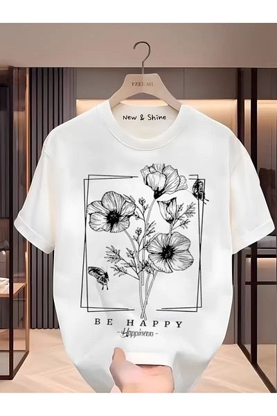 New Shine Tricou oversize cu imprimeu cu flori Happiness