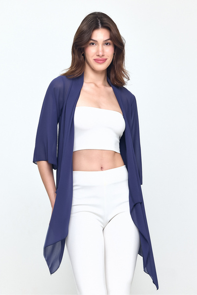 Laranor Navy Blue Shawl Collar Three Quarter Sleeve Chiffon Kimono - Cardigan - Beach Clothing 25L8034