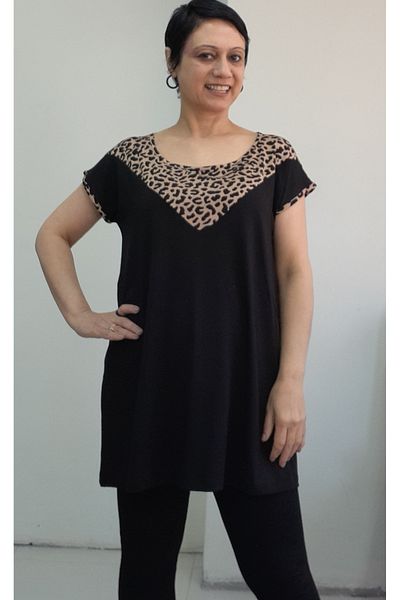 Mertcan Butik Black Front Leopard Garnish Size with Whole Coming Low Arm Combed Viscose T-Shirt