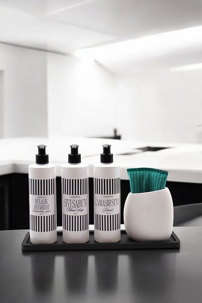 LUMİNA 5 Piece Premium Kitchen Set - 3 White Plastic Matte Bottles with Lettering L Sponge Holder L Black Tray