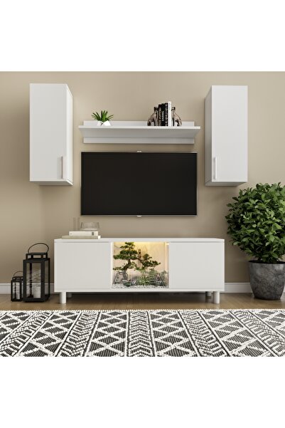 klubeconcept Beyaz Modern Duvar Monteli TV Ünitesi ve Alt Sehpa Seti