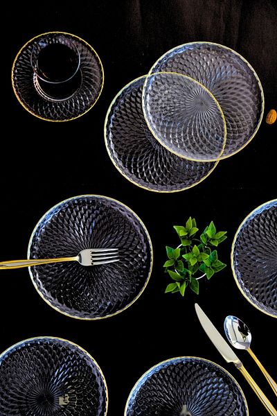 tabakevi Plate House Gold Gilded Glass Cake Plate 16cm 6 Pcs 2492