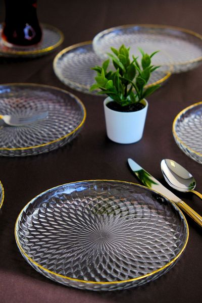 tabakevi Plate House Gold Gilded Glass Cake Plate 16cm 6 Pcs 2492