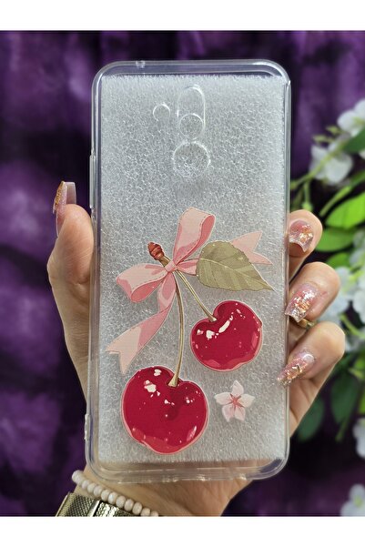 Magic Ring Huawei Mate 20 Lite Uyumlu Kiraz ve Kurdele Desenli Şeffaf Telefon Kılıfı