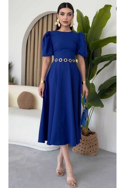 HASODİ Balloon Sleeve Crewneck Blouse Cut Midi Length Dress