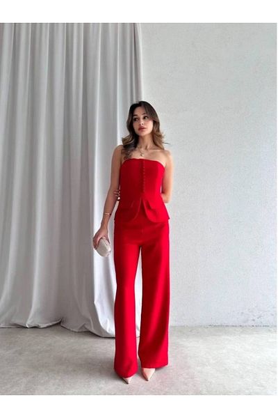 Misscix Women's Evening Dress Stylish Buttoned Strapless Vest Pants Suit - Evening Dress & Graduation Dress