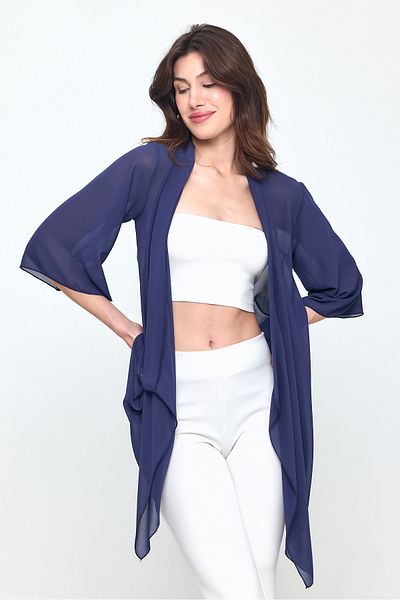 Laranor Navy Blue Shawl Collar Three Quarter Sleeve Chiffon Kimono - Cardigan - Beach Clothing 25L8034