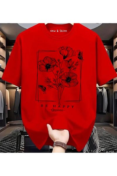 New Shine Happiness Flower Printed Large Size Oversize T-Shirt