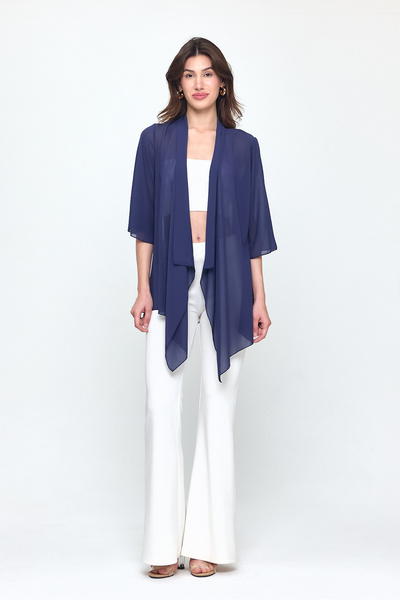 Laranor Navy Blue Shawl Collar Three Quarter Sleeve Chiffon Kimono - Cardigan - Beach Clothing 25L8034