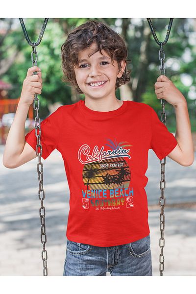 Bubuga Boys California Surf Contest Venice Beach Printed Short Sleeve T-Shirt – 100% Cotton Single Jersey Fabric