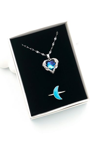 The Collection Heart Sky Model Silver Women's Zircon Stone Steel Necklace and Blue Moon Ring